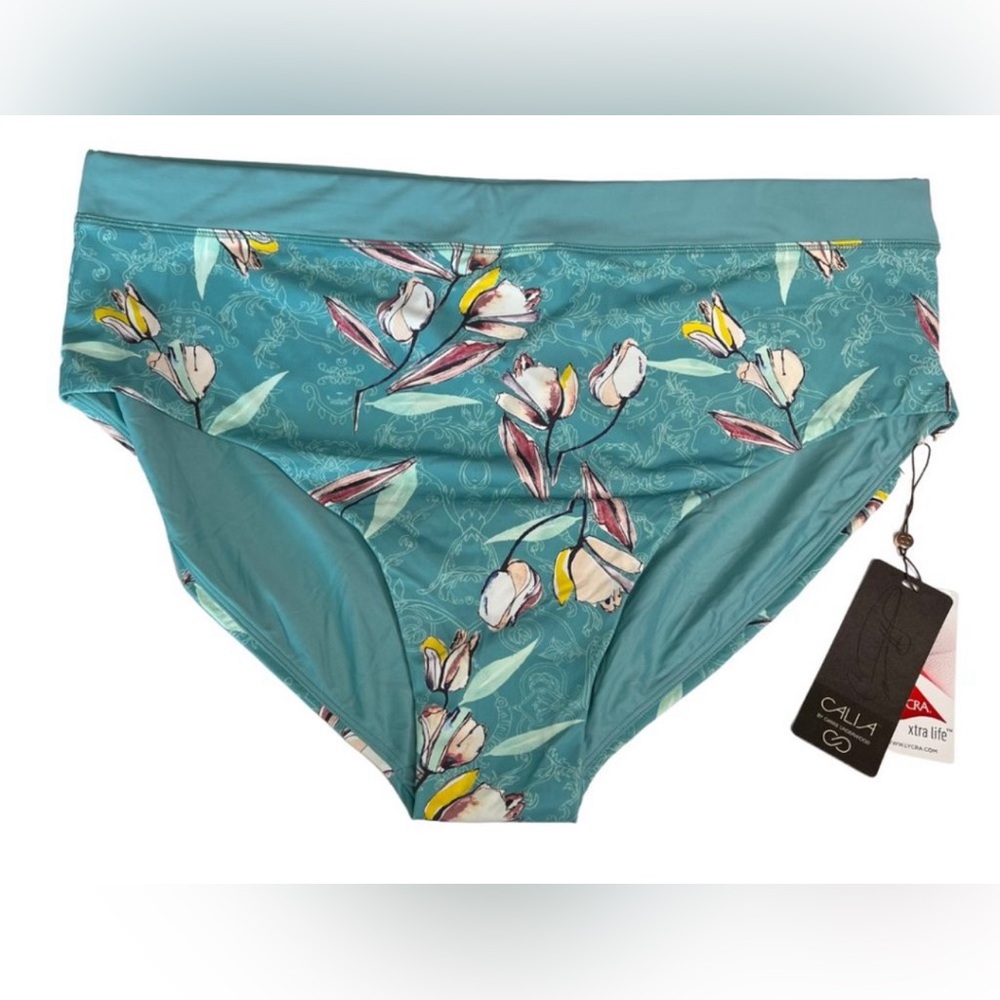 CALIA Garden Gate Mid Rise Moderate Coverage Wide Waistband Bikini Botto…